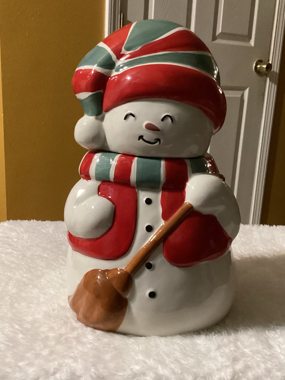 Holiday Time Red & Green Striped Hat Snowman Cookie Jar